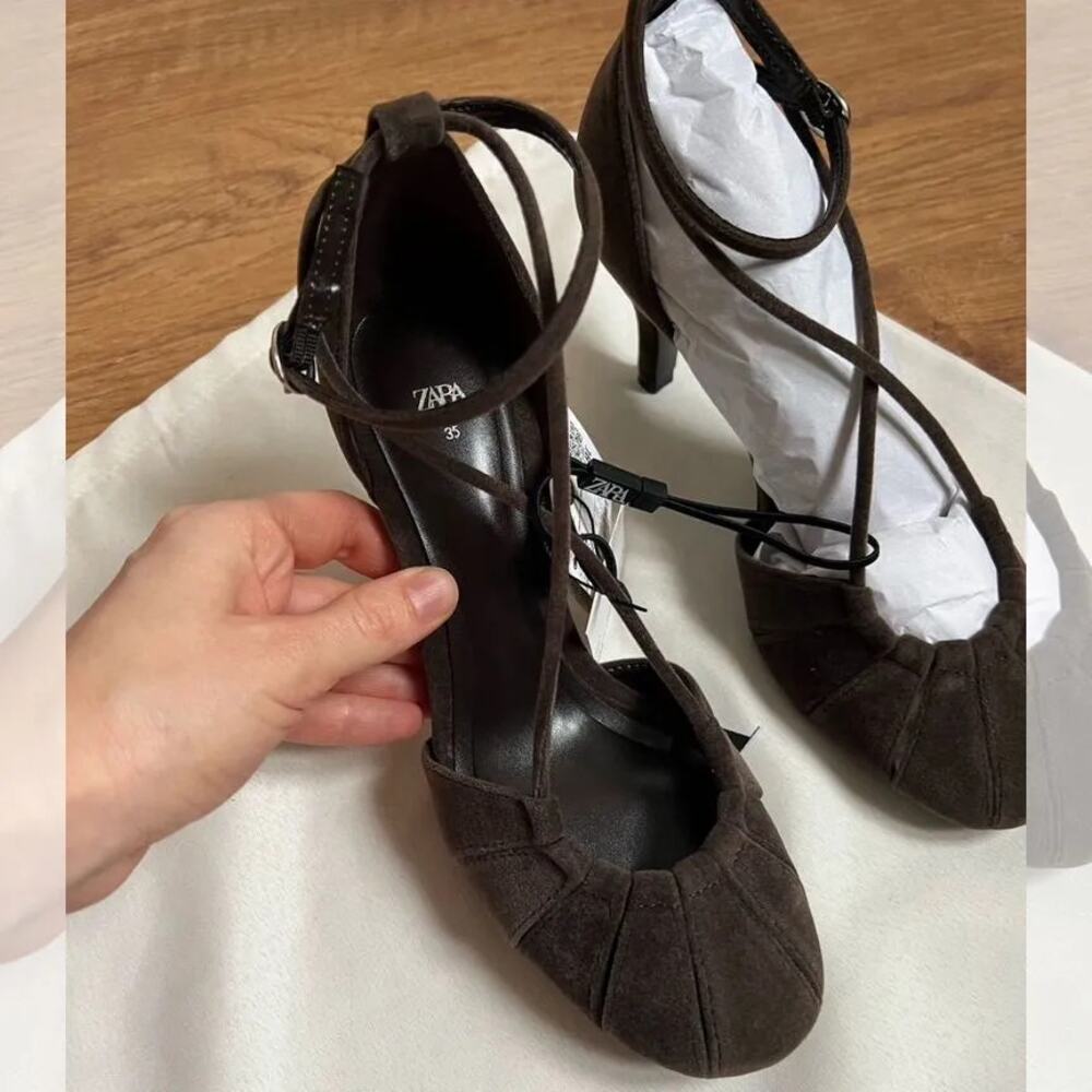 Zara NWT Brown Velvet Cross Strap Balletcore Heels 7.5 - Picture 9 of 16